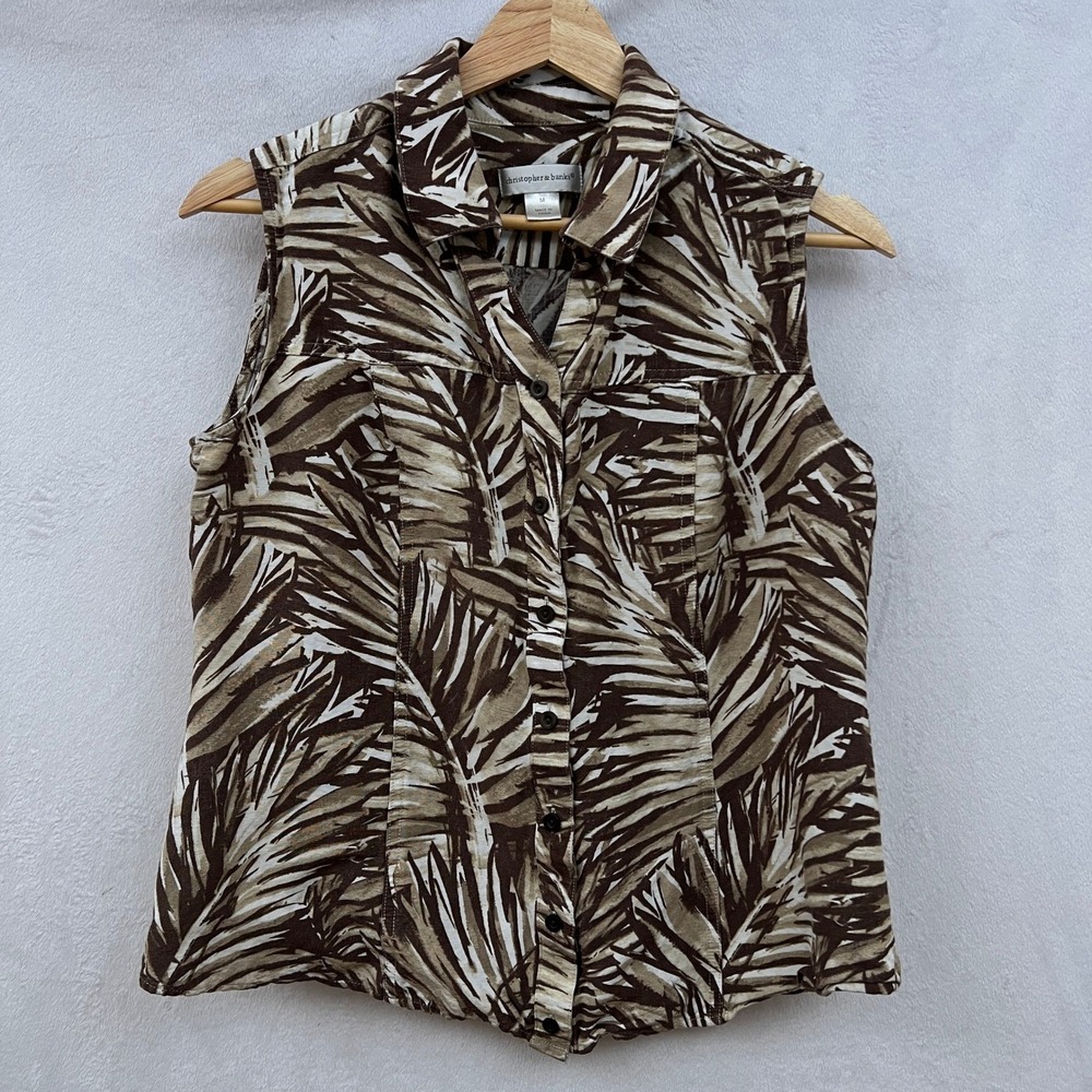 Christopher Banks Top Resortwear Tropical Vacay Sleeveless Button Up Linen Brown